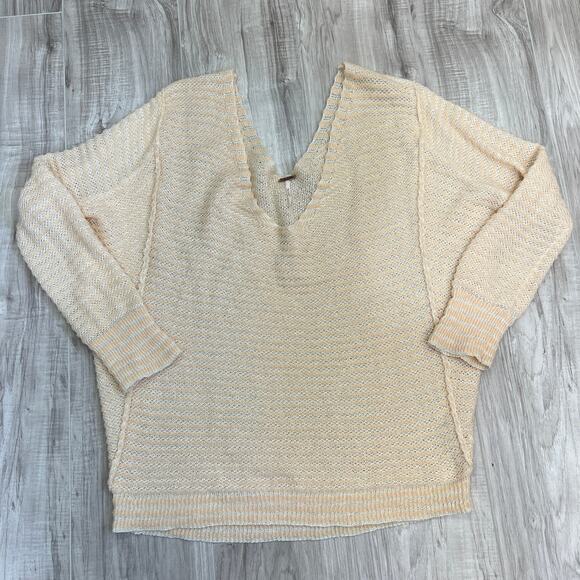 Free People Bumblebee Oversized Open Knit V-Neck Slouchy Sweater Peach Pink L - Picture 3 of 8